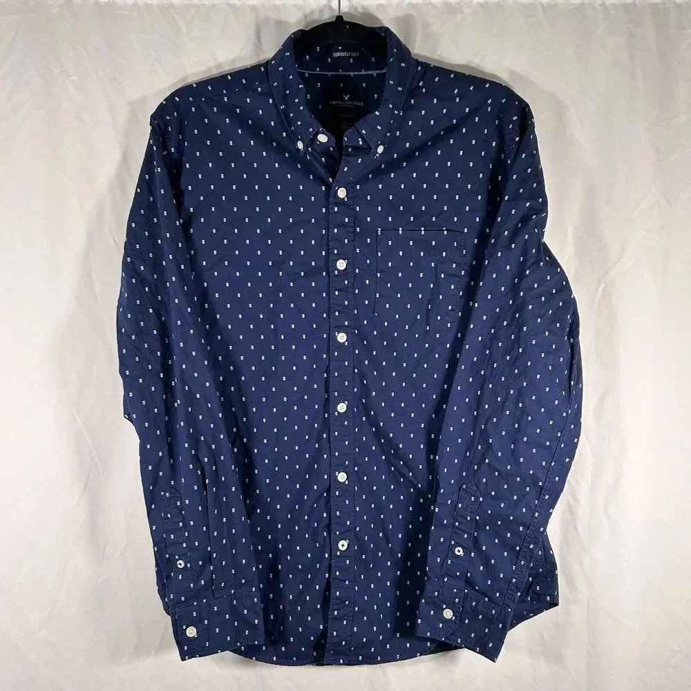 American Eagle Shirt Men's Medium Blue Button Up Long Sleeve Classic Fit